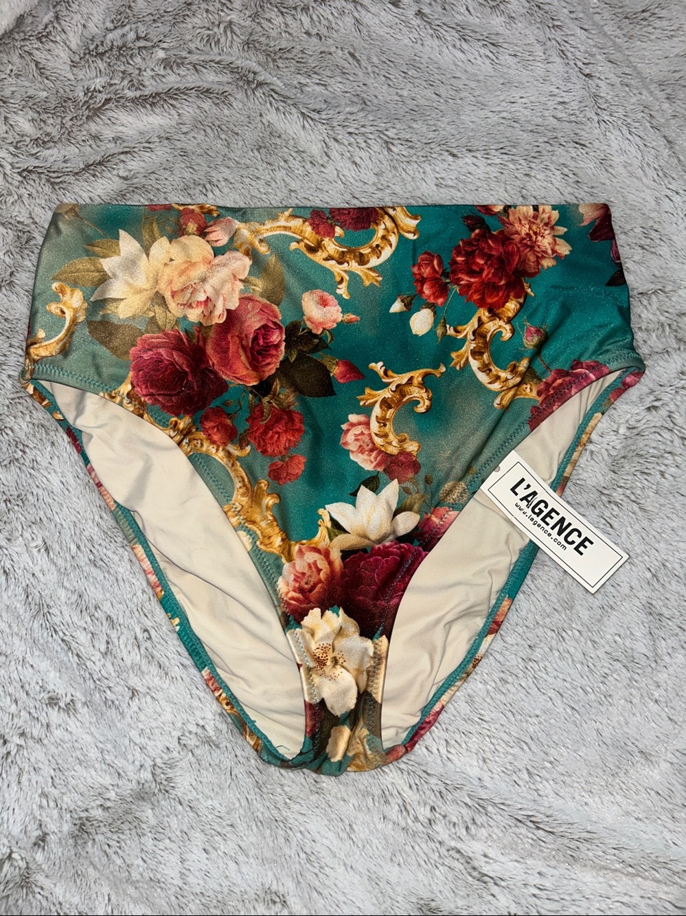 L'AGENCE Alexandria Roses Vanessa High-Waisted Bikini Bottom Floral Teal Med